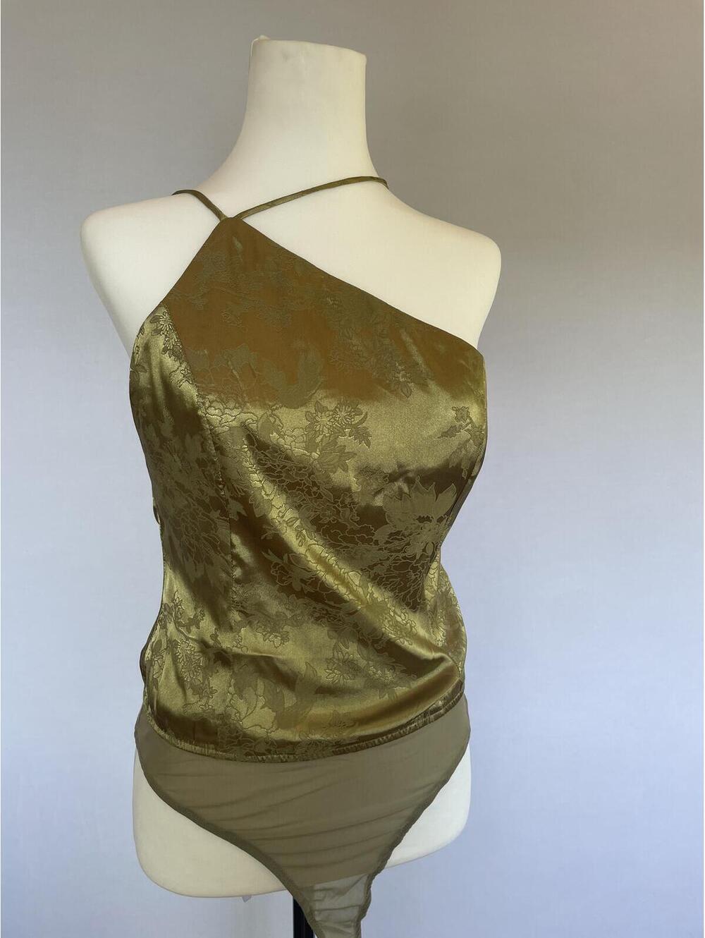 Lulus Green Satin Floral Cami Bodysuit Assymetrical Size XL
